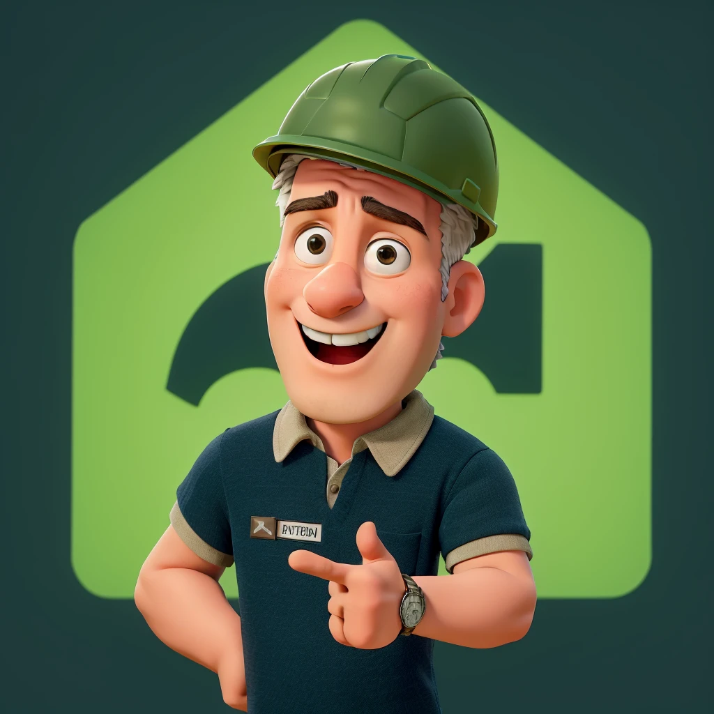 A man with light fur color, He is wearing a ventilated collared shirt with the symbol on his chest written Roma Reciclagen. He is wearing a white construction helmet. ,watch and he's smiling disney pixar style, high qualiy, best qualityer