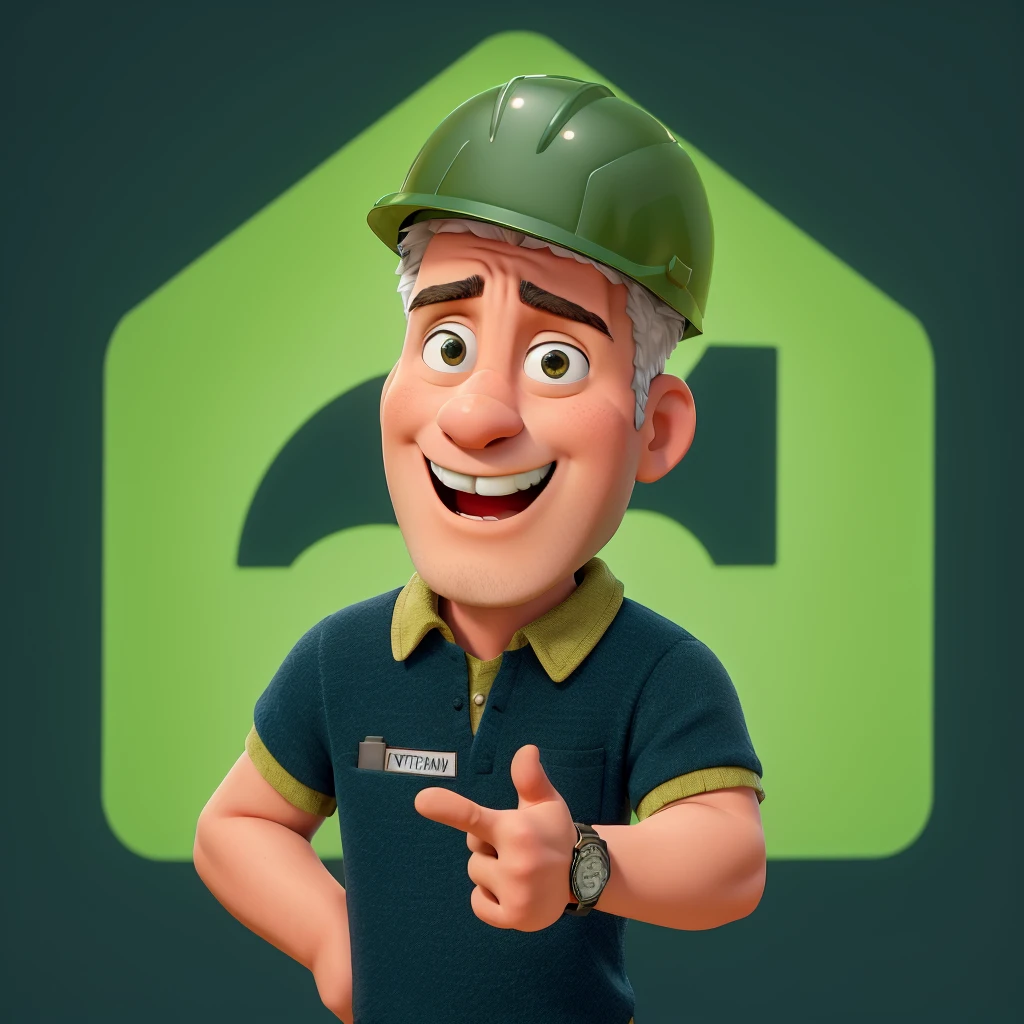 A man with light fur color, He is wearing a ventilated collared shirt with the symbol on his chest written Roma Reciclagen. He is wearing a white construction helmet. ,watch and he's smiling disney pixar style, high qualiy, best qualityer