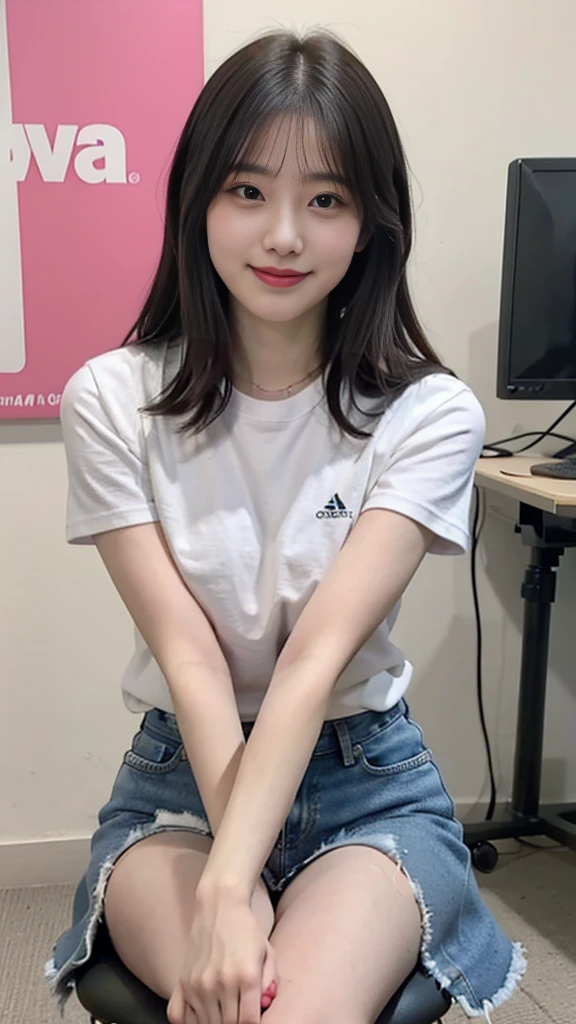 hyper hard disk, masutepiece, High quality, high details, Best Quality, hight resolution, hard disk, 32K, 16 K, 8K, 4K, sweet girl with white skin, brealist,smile at camera,18 years old,japanese,sitting on a black and pink gaming chair, facing the gaming computer looking at the viewer, wearing a pastel blue t-shirt and short denim shorts, left leg bent over the chair and right leg under the chair