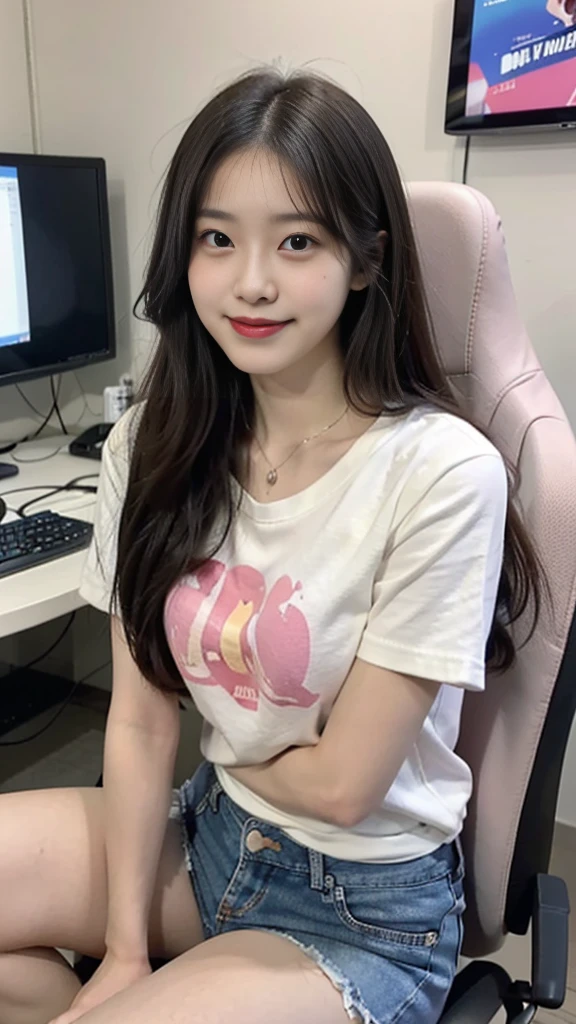 hyper hard disk, masutepiece, High quality, high details, Best Quality, hight resolution, hard disk, 32K, 16 K, 8K, 4K, sweet girl with white skin, brealist,smile at camera,18 years old,japanese,sitting on a black and pink gaming chair, facing the gaming computer looking at the viewer, wearing a pastel blue t-shirt and short denim shorts, left leg bent over the chair and right leg under the chair