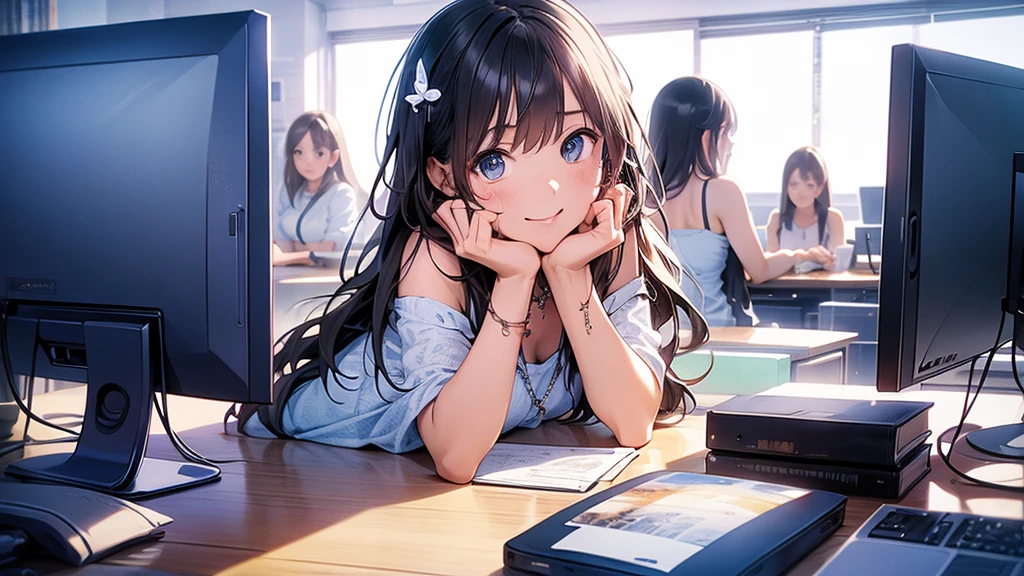 Graphic designs pop out of the computer monitor
