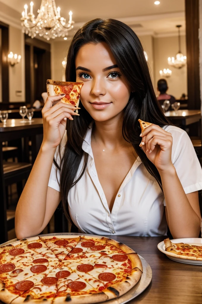 Cute 23 year old girl eating pizza in a fancy place that is pretty
