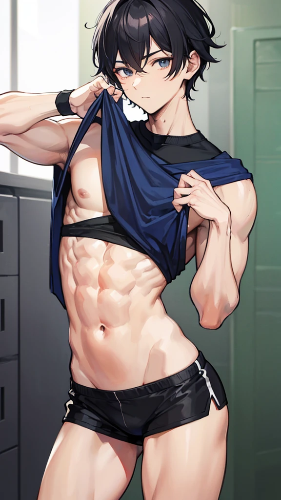 College boy. He is a handsome man, very disciplined and studious. He works out a lot, giving him a slim toned body and a muscular rear, wears short shorts, making his voluminous ass stand out. Black messy hair. High quality.