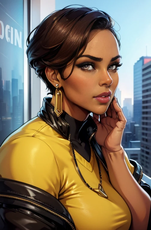 (a mature woman:1.2)| (a girl:1.1), brown skin, portrait, makeup, super detailed, modern style, city, direct look, contoured.