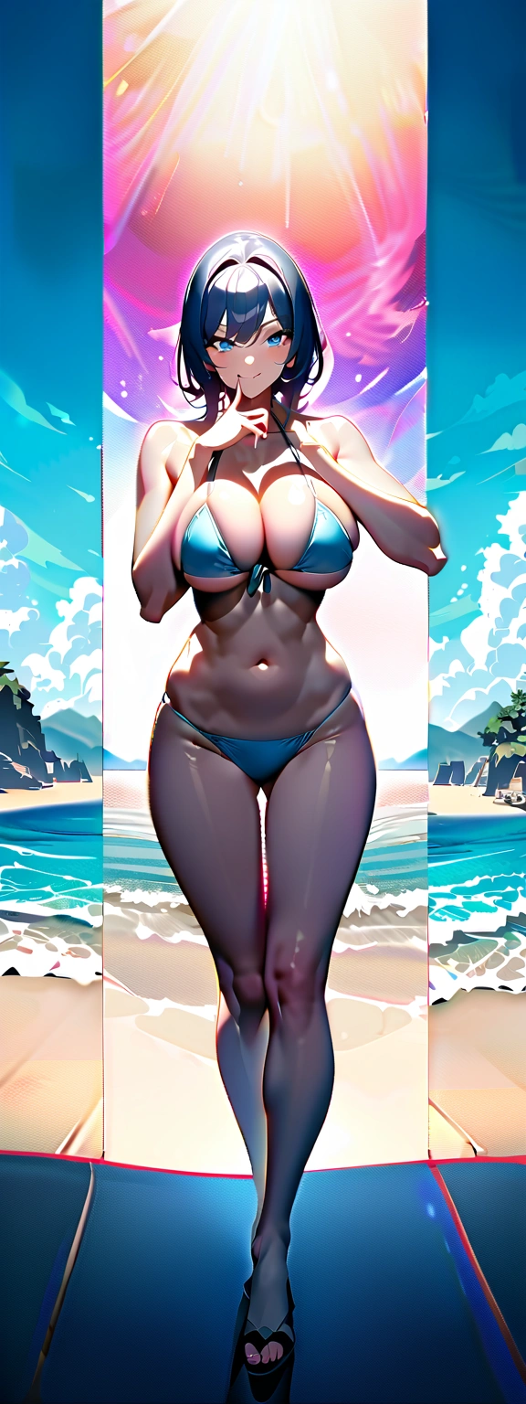 ((Highest quality、、masterpiece:1.3)), Upper Body、Long legs、Sharp focus:1.2, Beautiful woman with perfect figure:1.4、((Big Breasts:1.2)), (Smiling:1.2), double eyelid、30-year-old female、Sexy pose、((((bikini、Beach))))、Blue Eyes,(((Close your mouth、Standing posture)))、One Woman、