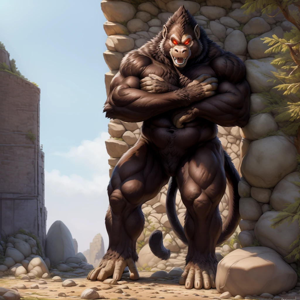 solo, breath (ultra detailed), a beautiful and detailed full size portrait of a female anthro gorilla, oozaru, brown fur, fur body, monkey tail, red eyes, close up view, glowing eyes, empty eyes, tail, bedroom eyes, detailed eyes, big body, sexy body, (wide body). goddess, kenket, Ross Tran,ruan jia, trending on artstation,foxovh, cenematic lighting, front view, big breaths, huge breaths, big , big boos, big , day, tree, (((stone wall, rocks, seductive, pose, standing))), curvy figure, (((nude, covering self)), angry, open mouth, blush,
