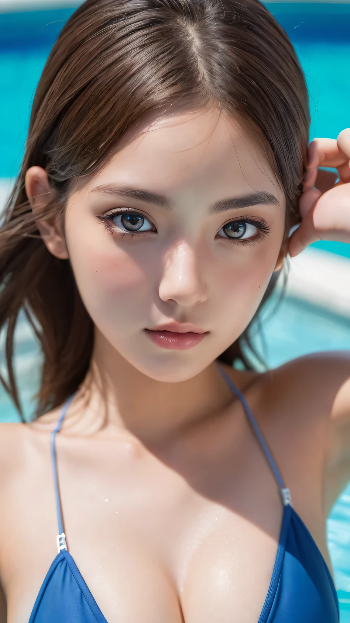 (1woman), kawaii, (round eyes:1.2), (highly detailed face and eyes), Amazing face and eyes, bikini, (Best Quality:1.4), (Ultra-detailed), (extremely detailed CG unified 8k wallpaper), Highly detailed, High-definition raw color photos, Professional Photography, Realistic portrait, summer, (pool), (fine face:1.2),