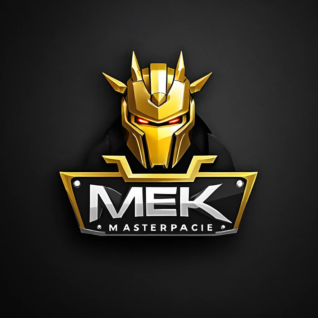 logomkrdsxl,an edgy logo 3D with robô dourado e prata, vector, text "MEK", best quality, masterpiece, brand, dark background,