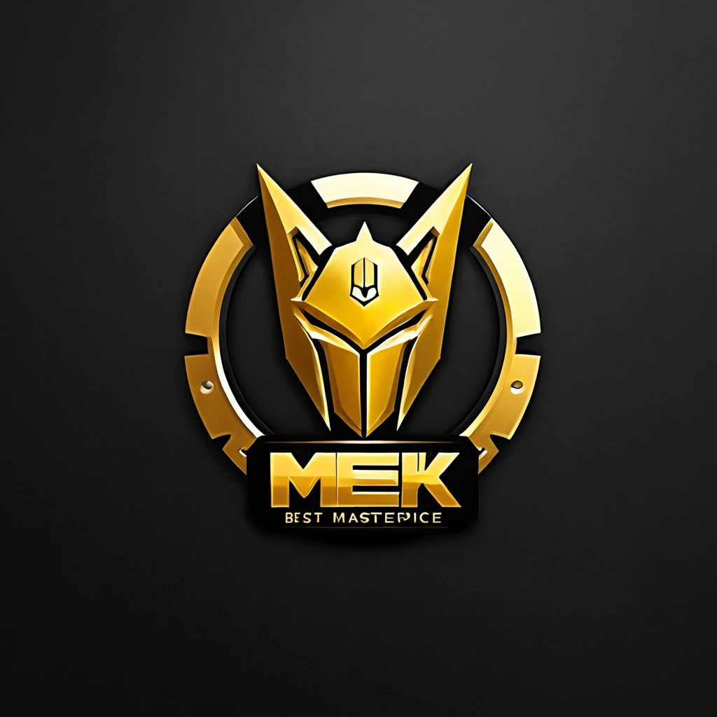 logomkrdsxl,an  edgy logo  3D with robô dourado e prata,  vector, text "MEK",  best quality, masterpiece, brand, dark background, 