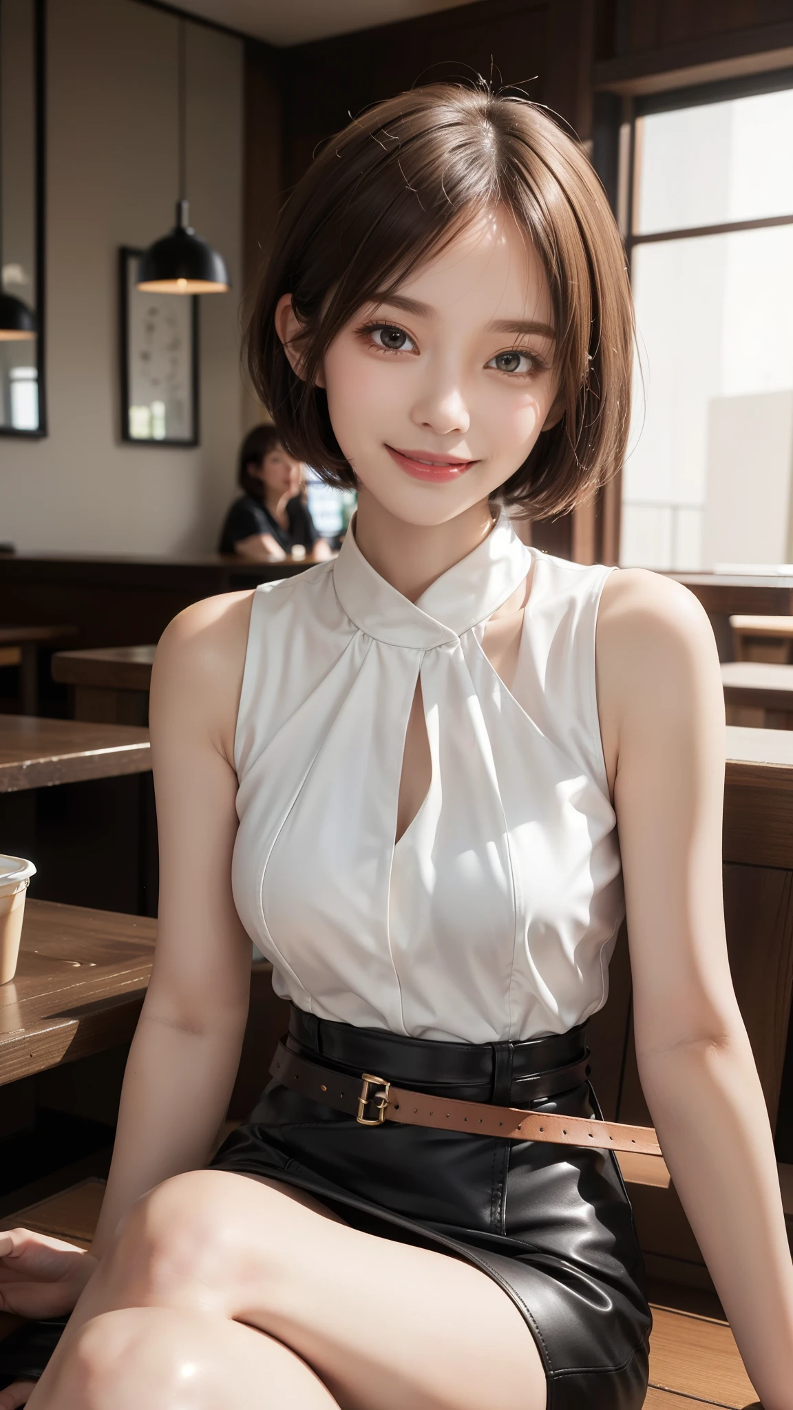 (precise face features), (Highly detailed face), (High density photo quality) , Japanese Beauty, expensive, Long legs, smile, Very short tight leather mini skirt with belt, sleeveless white blouse, Bright coffee shop interior with elaborate lighting,smile,short hair,Crossing your legs