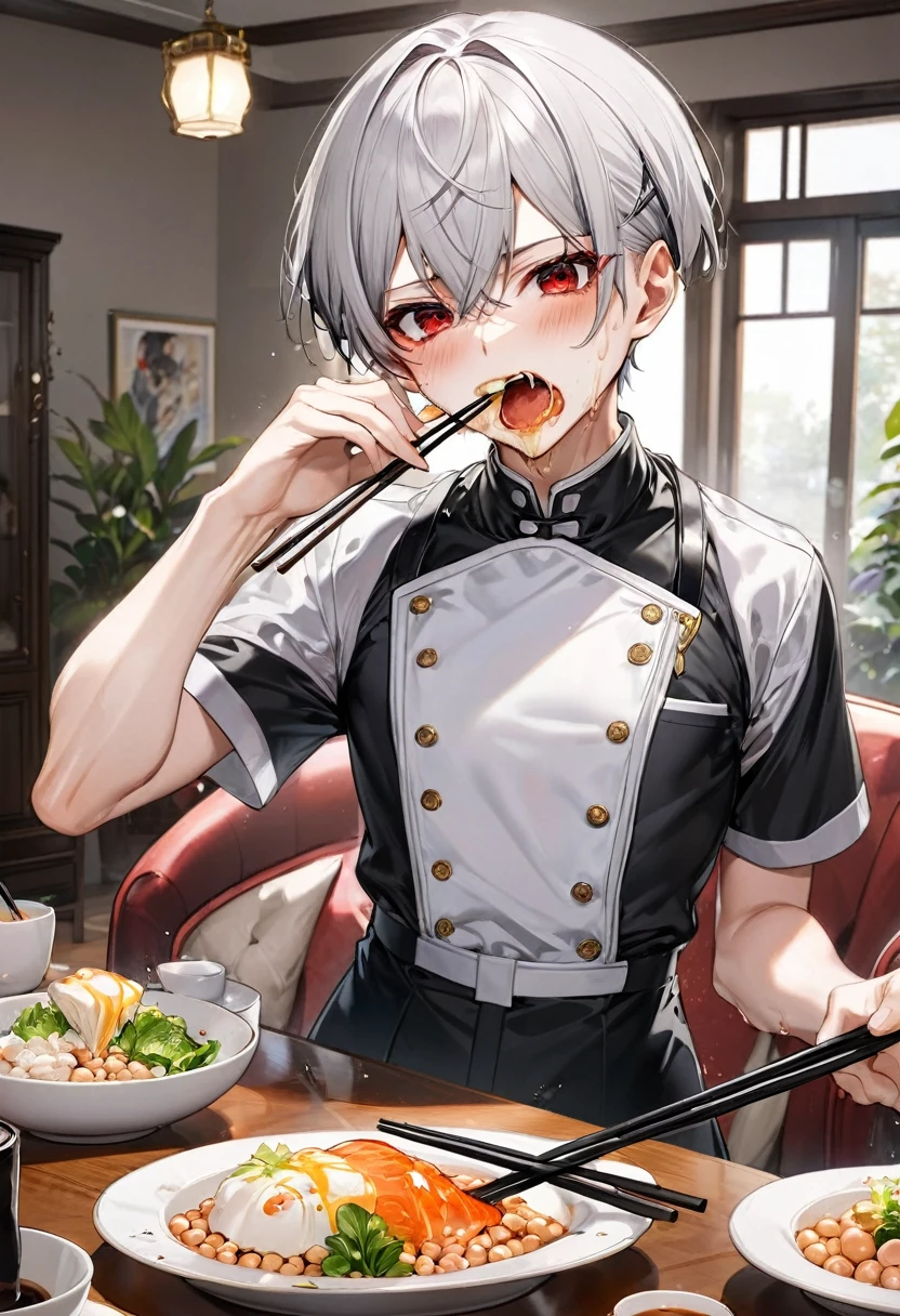 (eating style) (solo:2, 16 yo crew cut silver hair very short hair divine fighter boy, Agony red eyes, use chopsticks, Eating natto in mouth, agony face, sweaty skin, flat chest), (in aa butler suit), break, in the livingroom, BREAK, perfect anatomy, masterpiece, best quality, 16k, beautiful detailed grow, daydreaming expression.