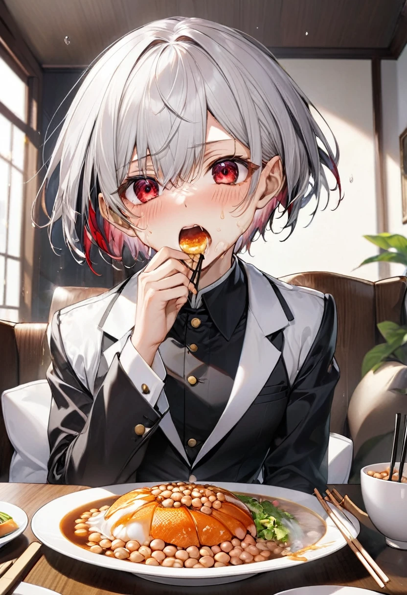 (eating style) (solo:2, 16 yo crew cut silver hair very short hair divine fighter boy, Agony red eyes, use chopsticks, Eating natto in mouth, agony face, sweaty skin, flat chest), (in aa butler suit), break, in the livingroom, BREAK, perfect anatomy, masterpiece, best quality, 16k, beautiful detailed grow, daydreaming expression.