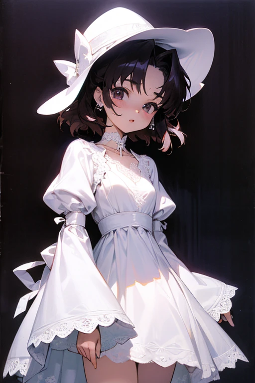 Akina Nakamori、(White lace dress).17 years old、cute、White cross necklace on chest、Gothic style、Small hat、sharp.cute、Beautiful woman、(Strong details).