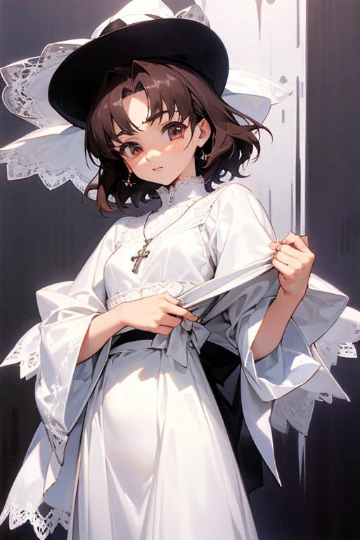 Akina Nakamori、(White lace dress).、cute、White cross necklace on chest、Gothic style、Small hat、sharp.cute、Beautiful woman、(Strong details).