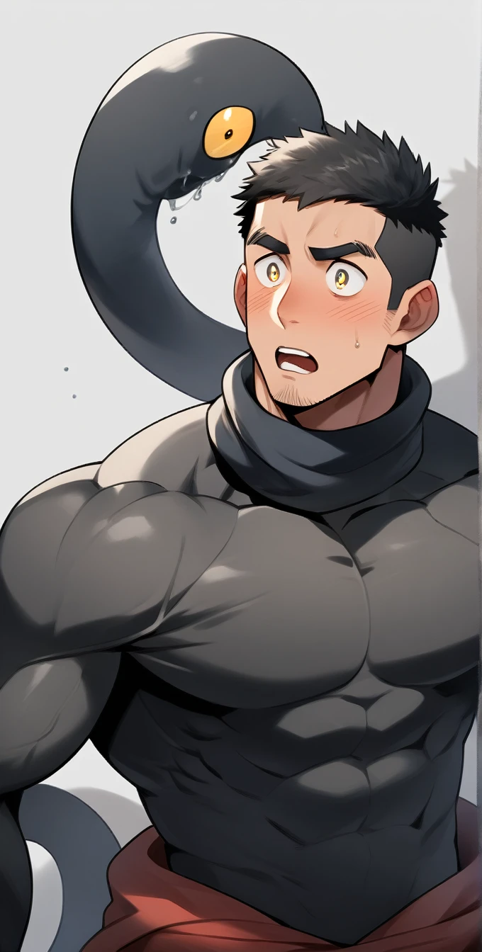 anime characters：Superhero in tights, negro black skin, He was entangled by a large number of thick black tentacles, Very stout, Lots of mucus, Wrap around the neck, Wrap around the waist, Tightly tied, Manliness, male focus, Yellow and black high collar long sleeve tight T-shirt, Slightly transparent material, Very tight, Round, full and perky chest muscles, Male dog waist, Slightly transparent, muscular male, muscular, only, Upper body, alone, Black short hair, Thick eyebrows, stubble, Yellow eyes, Grey background, simple background, amazing quality, best aesthetics, Ridiculous, bright pupils, crew cut, parted lips, blush, open mouth, scared, drop shadow, best quality