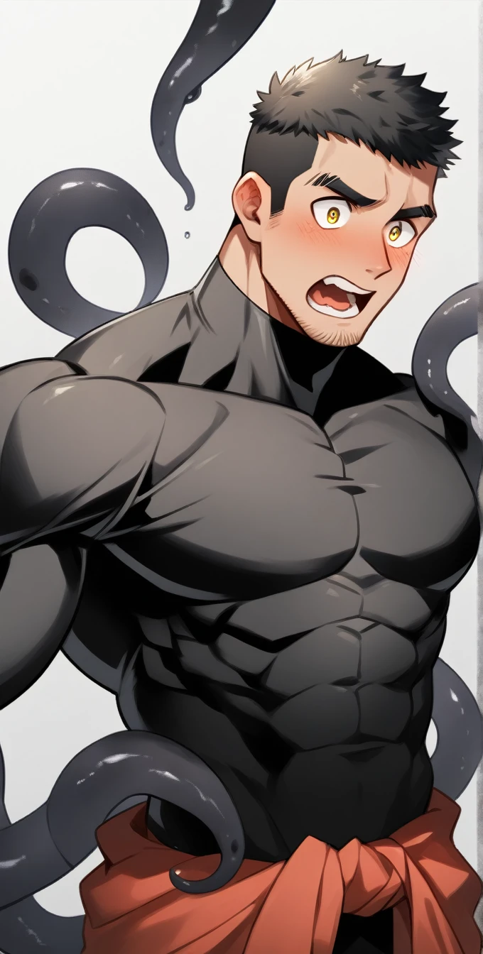 anime characters：Superhero in tights, negro black skin, He was entangled by a large number of thick black tentacles, Very stout, Lots of mucus, Wrap around the neck, Wrap around the waist, Tightly tied, Manliness, male focus, Yellow and black high collar long sleeve tight T-shirt, Slightly transparent material, Very tight, Round, full and perky chest muscles, Male dog waist, Slightly transparent, muscular male, muscular, only, Upper body, alone, Black short hair, Thick eyebrows, stubble, Yellow eyes, Grey background, simple background, amazing quality, best aesthetics, Ridiculous, bright pupils, crew cut, parted lips, blush, open mouth, scared, drop shadow, best quality