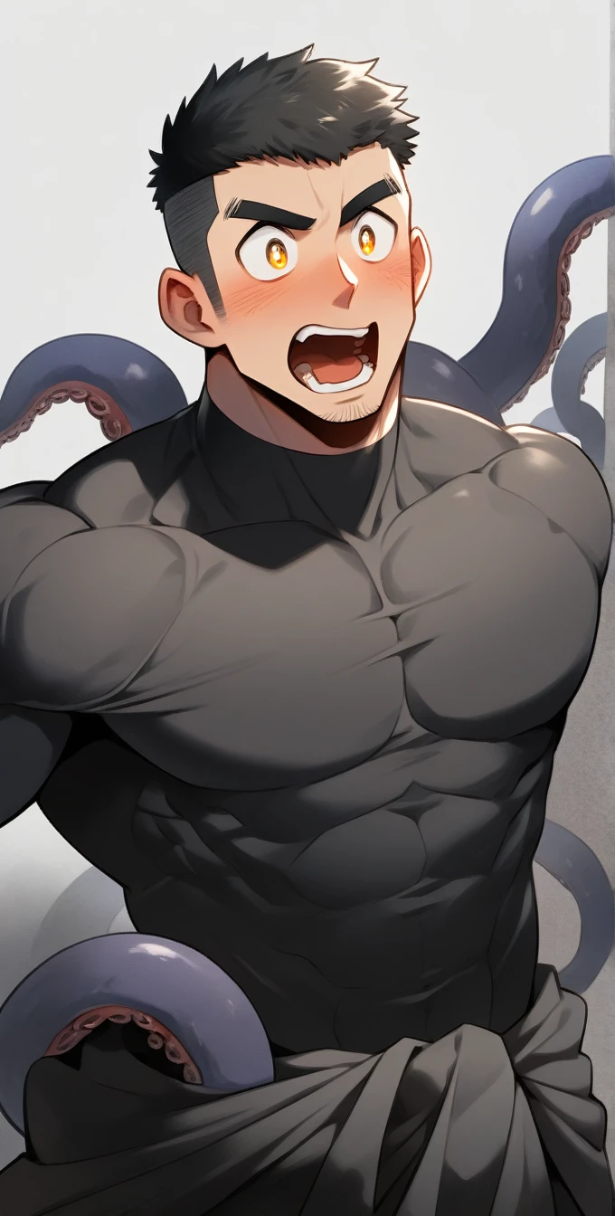 anime characters：Superhero in tights, negro black skin, He was entangled by a large number of thick black tentacles, Very stout, Lots of mucus, Wrap around the neck, Wrap around the waist, Tightly tied, Manliness, male focus, Yellow and black high collar long sleeve tight T-shirt, Slightly transparent material, Very tight, Round, full and perky chest muscles, Male dog waist, Slightly transparent, muscular male, muscular, only, Upper body, alone, Black short hair, Thick eyebrows, stubble, Yellow eyes, Grey background, simple background, amazing quality, best aesthetics, Ridiculous, bright pupils, crew cut, parted lips, blush, open mouth, scared, drop shadow, best quality