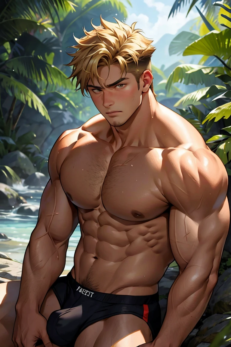 (masterpiece, Best quality boy), 1 boy, adult, huge muscles, big body, Slightly modify the abdominal contour, Short blonde hair,brown eyes, complicated, Rainforest, Muscles sparkle in the sun,shirtless,Wearing underwear,pained expression,bite lip, bright colors,(depth of field:1.2),looking at the audience, sit on stone, huge hyper muscle, huge chest, visible bulge, penis bulge