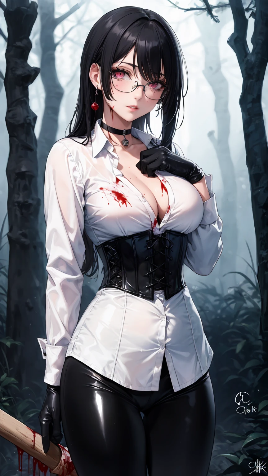 ((blood droplets)), ((blood)), ((blood splatter)), ((blood on clothes)), ((blood stain)), Masterpiece, Beautiful art, professional artist, 8k, Very detailed face, Detailed clothing, detailed fabric, 1 girl, Chiori \(genshin impact\), standing, perfectly drawn body, shy expression, pale skin, beautiful face, long black hair, 4k eyes, very detailed eyes, pink cheeks, glasses, choker:1.6, (white collar button down long sleeve shirt), black gloves, gloves that cover hands, (holds an ax with his right hand), (black leather corset), (shiny black leggings), Sensual Lips , evening de invierno, show details in the eyes, looking at the viewer, Dark road, dark forest, evening, Atmosphere, fog