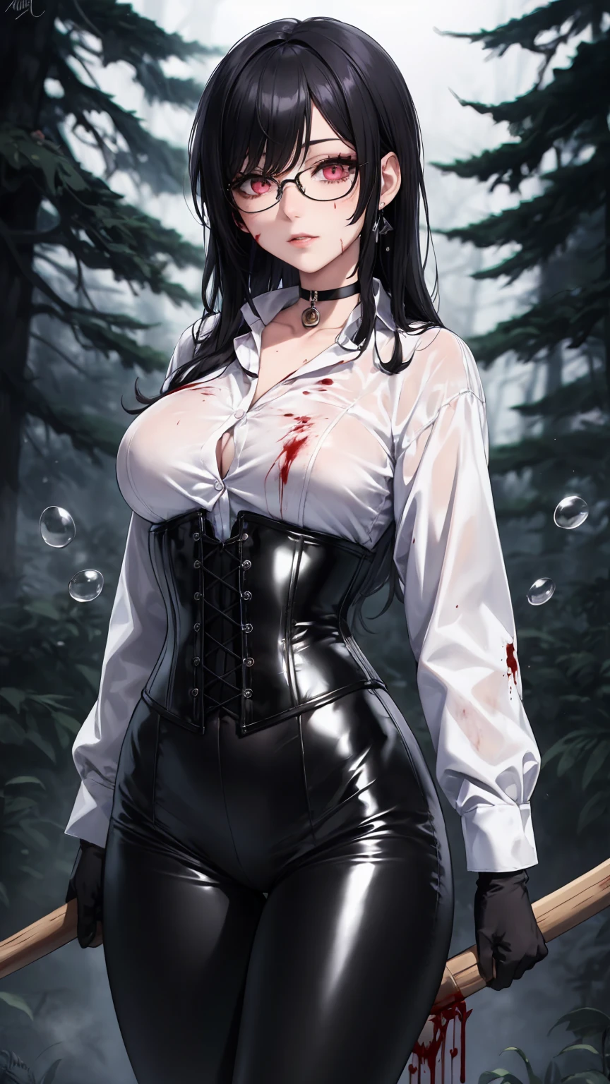 ((blood droplets)), ((blood)), ((blood splatter)), ((blood on clothes)), ((blood stain)), Masterpiece, Beautiful art, professional artist, 8k, Very detailed face, Detailed clothing, detailed fabric, 1 girl, Chiori \(genshin impact\), standing, perfectly drawn body, shy expression, pale skin, beautiful face, long black hair, 4k eyes, very detailed eyes, pink cheeks, glasses, choker:1.6, (white collar button down long sleeve shirt), black gloves, gloves that cover hands, (holds an ax with his right hand), (black leather corset), (shiny black leggings), Sensual Lips , evening de invierno, show details in the eyes, looking at the viewer, Dark road, dark forest, evening, Atmosphere, fog