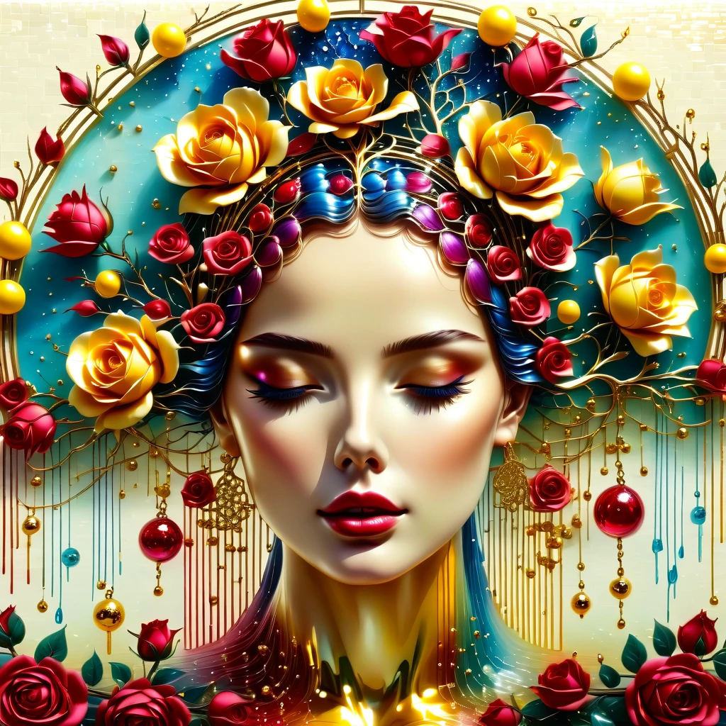 (Highest quality,4K,masterpiece:1.2),Very detailed,lifelike:1.37,Beautiful symmetrical picture oiled with thick brush strokes and wet paint, Proportional Gold, Melted wax |, visible stroke, Portrait of a model surrounded by roses,surrounded by crystal balls, Mosaic Wireframe 3D, Neurographics, Neuron, Tree of Life, call, like, enthusiasm, Oil on canvas, Bold line, Very detailed, 8K Ultra HD, masterpiece, Art Station, Surreal