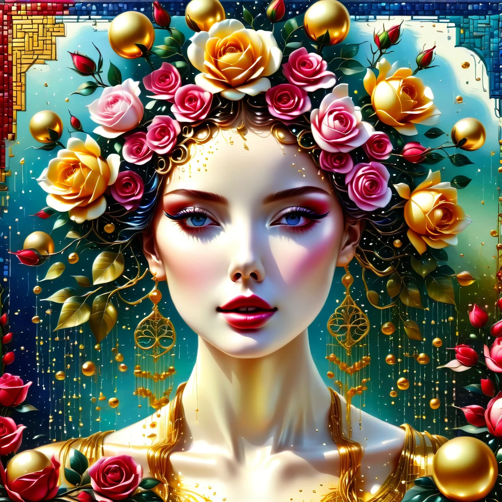 (Highest quality,4K,masterpiece:1.2),Very detailed,lifelike:1.37,Beautiful symmetrical picture oiled with thick brush strokes and wet paint, Proportional Gold, Melted wax |, visible stroke, Portrait of a model surrounded by roses,surrounded by crystal balls, Mosaic Wireframe 3D, Neurographics, Neuron, Tree of Life, call, like, enthusiasm, Oil on canvas, Bold line, Very detailed, 8K Ultra HD, masterpiece, Art Station, Surreal