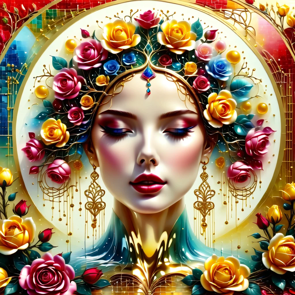 (Highest quality,4K,masterpiece:1.2),Very detailed,lifelike:1.37,Beautiful symmetrical picture oiled with thick brush strokes and wet paint, Proportional Gold, Melted wax |, visible stroke, Portrait of a model surrounded by roses,surrounded by crystal balls, Mosaic Wireframe 3D, Neurographics, Neuron, Tree of Life, call, like, enthusiasm, Oil on canvas, Bold line, Very detailed, 8K Ultra HD, masterpiece, Art Station, Surreal
