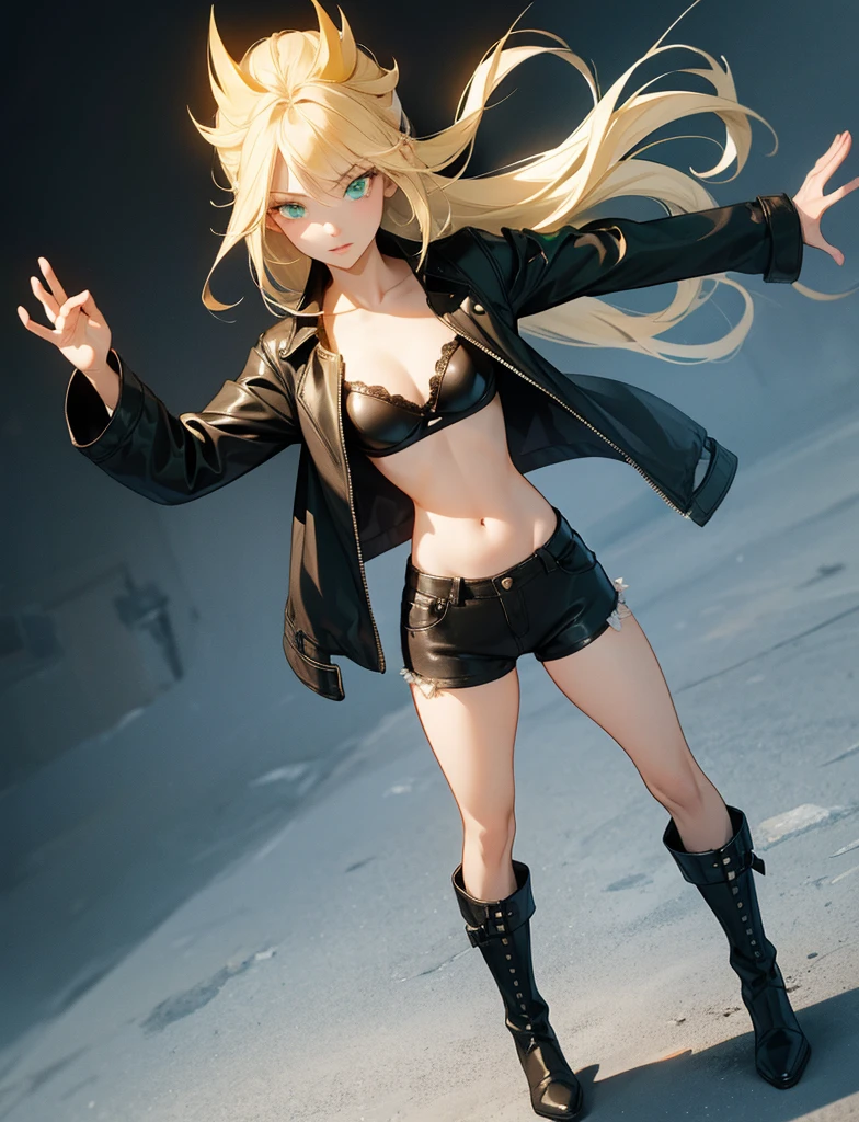 Sexy young girl with a good body, Long hair blonde, hair with red lines, green eyed, black leather jacket with white bra, ripped blue jeans, short brown boots with white, standing, spiky hair, bristly hair, fighting pose