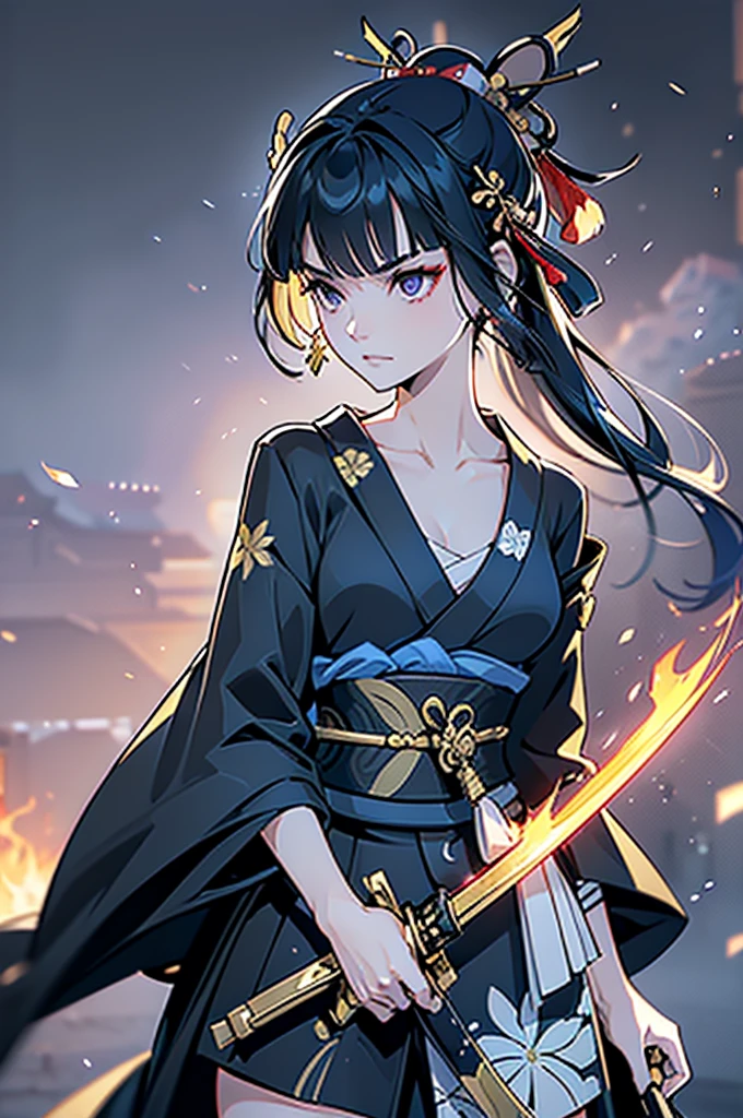 ((roll up bandage sideways on a  chest tightly to cover the chest without gaps)), the bantage is no chest shape, flat chest, Japanese Gangster BOSS, adult woman with the dignified presence, Killing Qi, wear nothing around shoulder, wear nothing around neck, wear the kimono, wear it below the waist, (I wind it up to control it, and to attach it),  ((kimono come off)) ,wear the kimono multiple times, Bare shoulders and the clavicle, black and gold kimono, put on over jacket of kimono, (holding a japanese sword which shine in purple, The handole of the sword is black, and the blade is gray, long sword), eye fire, low angle, whole body, bandage is seen, anime character, Glaring, off sholder, nappropriate smile, Excellent, black blue hair, can see both shoulder, long hem, small face