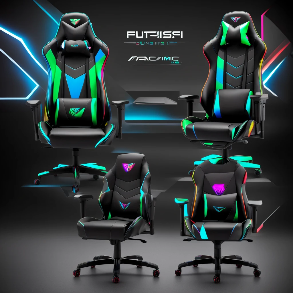 Make a gaming chair, futurist, black with RGB details.