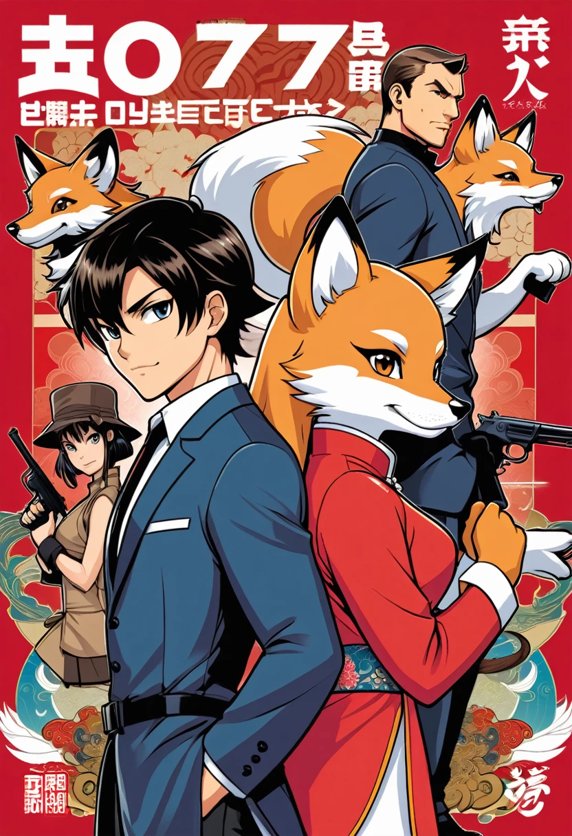 A doujinshi cover with a young male detective and a fox woman in a Chinese dress back to back, furry, kemono, with some elements of 007, battle manga,