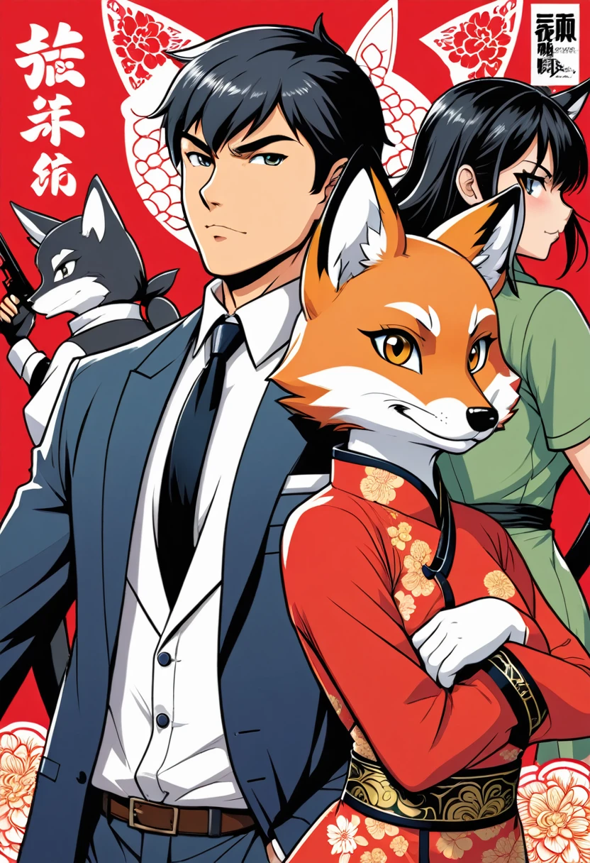 A doujinshi cover with a young male detective and a fox woman in a Chinese dress back to back, furry, kemono, with some elements of 007, battle manga,
