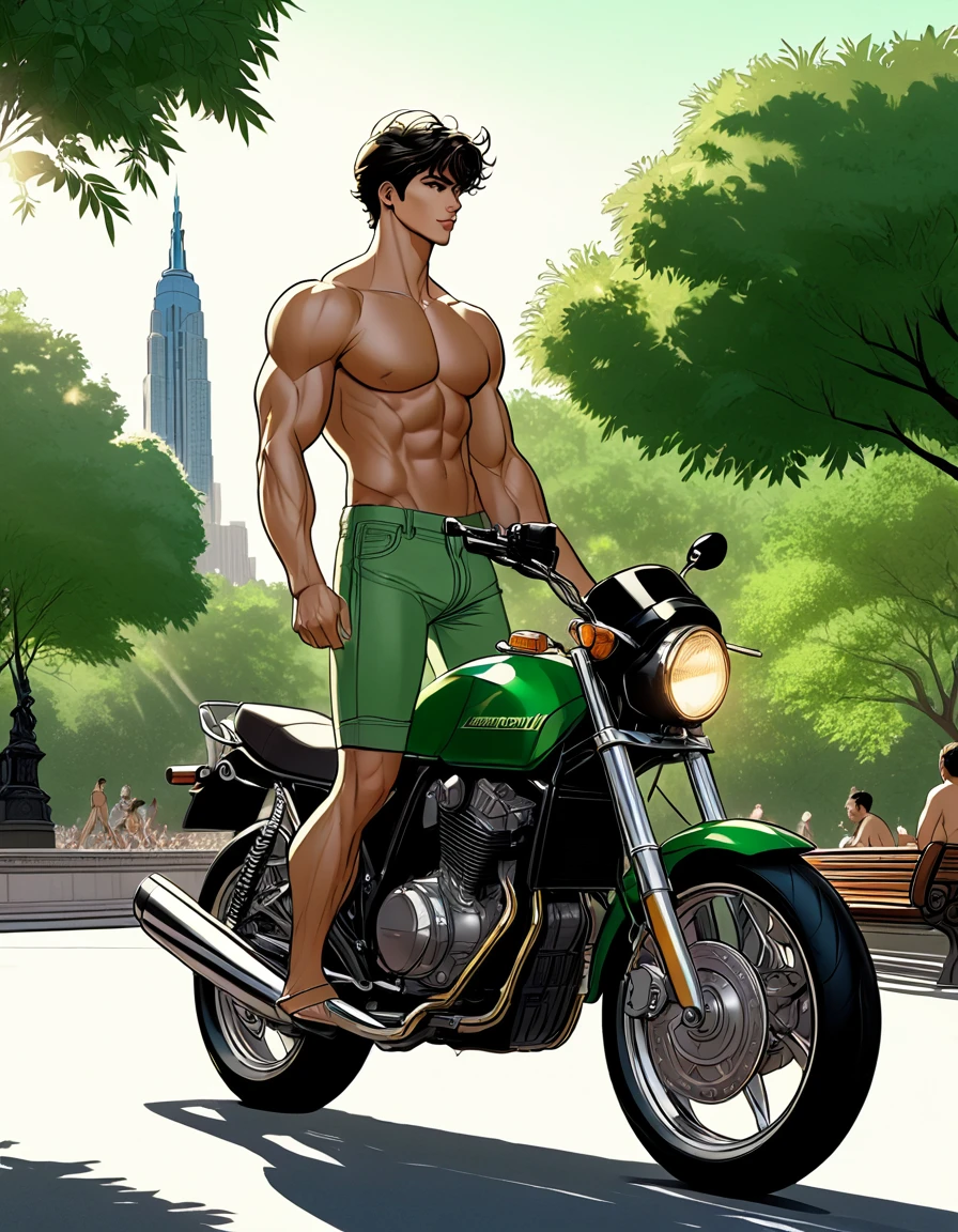 1 fullbody man ridding a motorcycle in central park 
((fullbody)) illustration in anime+yaoi+hentai style, hentai style, a blendmix photograph and painting, perfect divine proportion composition, 8k resolution A young man, latino, cinnmon skin, thin face, straight nose, thin lips, square chin, large black eyes, short black, wavy hair, in roberto ferri style, aesthetic slim athletic body, very tall, latino, realistic skin, gorgeous, realistic detailed tonned muscles, barefoot, perfect anatomy, muscled fitness body, 195cm tall, realistic skin, skinny realistic detailed muscles, he is, ((wearing green little shorts)) shirtless, pantless, barefoot ridding a black and golden motorcycle in Central Park , New York arms up barefoot, perfect detailed feet, relaxed body lenguaje, relaxed face expresion. ((side view, storbe lighting, Leading Lines composition )) background art central park Angel of bethesta fountain, golden hour, people walking
