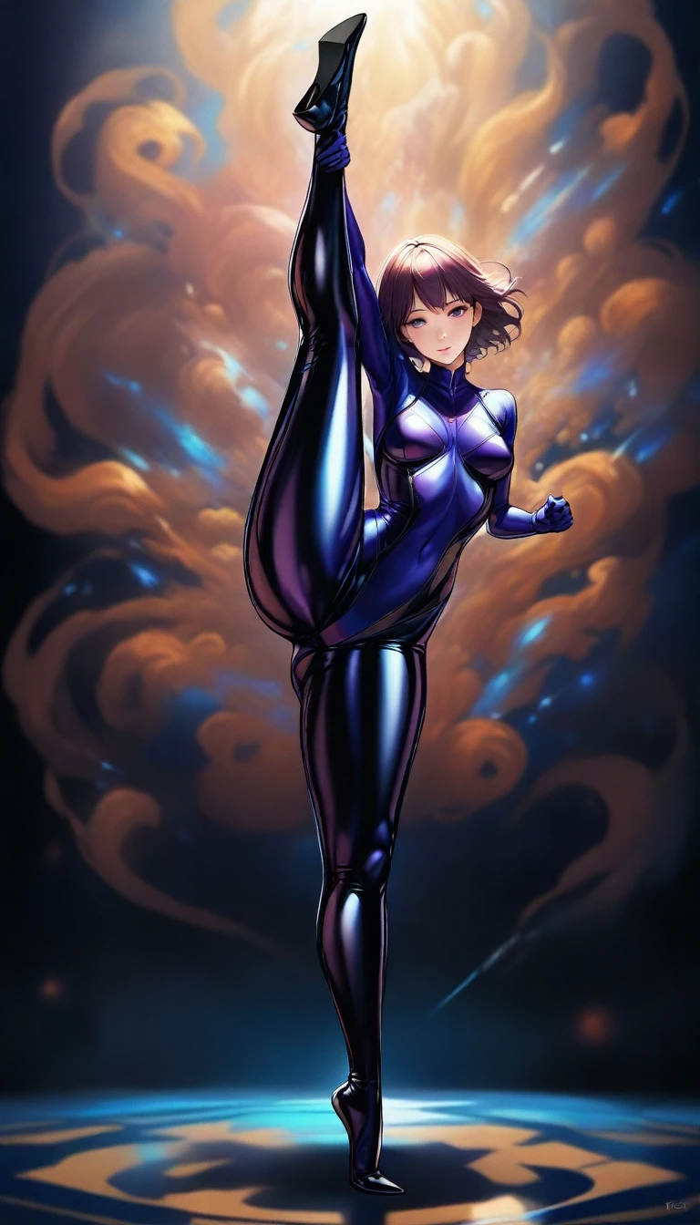 One girl, alone,Are standing_Split,whole body,photograph, photographrealistic, (masterpiece, Highest quality:1.2), Beautiful woman in shiny patent leather bodysuit, Shiny color ink bodysuit, expensive_Big Breasts