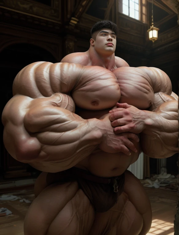 1 asian boy, giant, alone, giant bodybuilder, illuminating light, strong body, bulk, large size, staring, standing in abandoned castle, indoor, nude, metal armor, thick bulge, extraordinary big, brutalmass, giant muscular body, bulk, buff, massive body, large meaty body size, extremely wide body