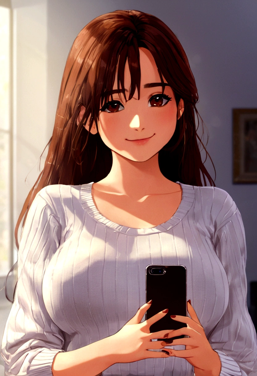 ((1girl)),  super fine illustration, vibrant colors, absurdres extremely detailed CG, 8k wallpaper, (masterpiece:1.3), dynamic angle, dynamic pose, 
best quality, depth of field, cinematic lighting, ultra detailed, brown long hair, very straight hair, large breast, white knit dress , 20yo, cute, very , brown eyes, kawaii, smile, droopy eyes, arms at sides, smartphone, modern living room, peace fingers, The screen of the smartphone in his hand is facing towards me