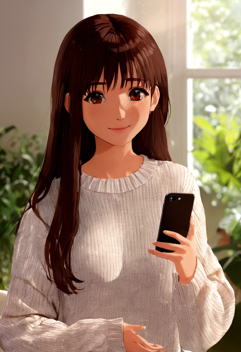 ((1girl)), super fine illustration, vibrant colors, absurdres extremely detailed CG, 8k wallpaper, (masterpiece:1.3), dynamic angle, dynamic pose,
best quality, depth of field, cinematic lighting, ultra detailed, brown long hair, very straight hair, large breast, white knit dress , 20yo, cute, very baby face, brown eyes, kawaii, smile, droopy eyes, arms at sides, smartphone, modern living room, peace fingers, The screen of the smartphone in his hand is facing towards me