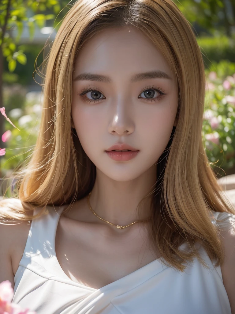 In manhwa art style, a young Korean woman 28s. Her hair is short at shoulder in a blonde pink colors. Her face is slightly shorter than it is long, which carry a warm , expressive face. Her skin is radiant and clear, and her curved lips. Large blue eyes are expressive and captivating. Her natural body and defined made up of proportional curves. She is wearing a white dress while the light of the lanterns in the botan garden at night illuminates the flowers