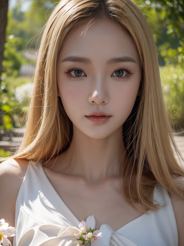 In manhwa art style, a young Korean woman 28s. Her hair is short at shoulder in a blonde pink colors. Her face is slightly shorter than it is long, which carry a warm , expressive face. Her skin is radiant and clear, and her curved lips. Large blue eyes are expressive and captivating. Her natural body and defined made up of proportional curves. She is wearing a white dress while the light of the lanterns in the botan garden at night illuminates the flowers