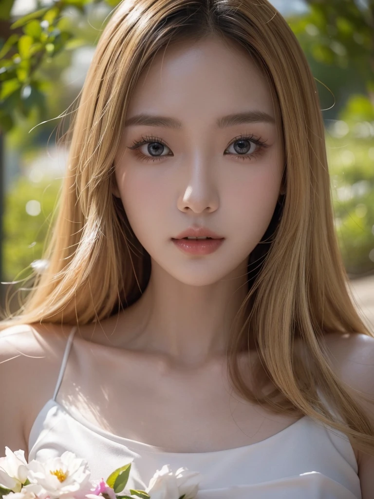 In manhwa art style, a young Korean woman 28s. Her hair is short at shoulder in a blonde pink colors. Her face is slightly shorter than it is long, which carry a warm , expressive face. Her skin is radiant and clear, and her curved lips. Large blue eyes are expressive and captivating. Her natural body and defined made up of proportional curves. She is wearing a white dress while the light of the lanterns in the botan garden at night illuminates the flowers