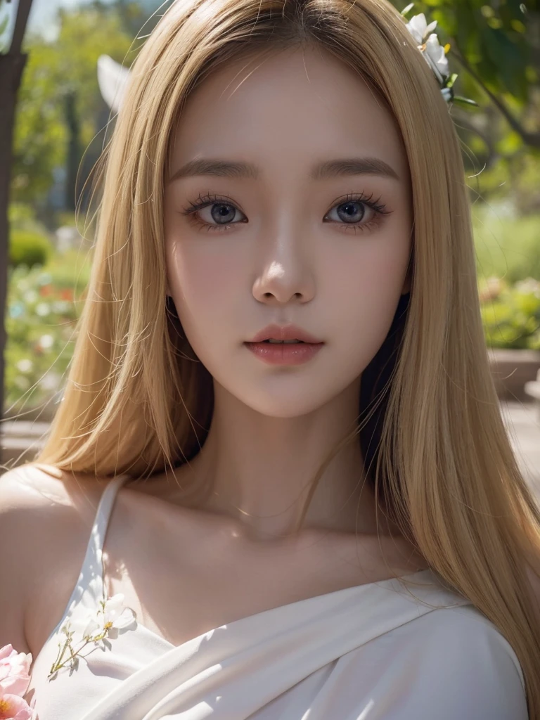 In manhwa art style, a young Korean woman 28s. Her hair is short at shoulder in a blonde pink colors. Her face is slightly shorter than it is long, which carry a warm , expressive face. Her skin is radiant and clear, and her curved lips. Large blue eyes are expressive and captivating. Her natural body and defined made up of proportional curves. She is wearing a white dress while the light of the lanterns in the botan garden at night illuminates the flowers