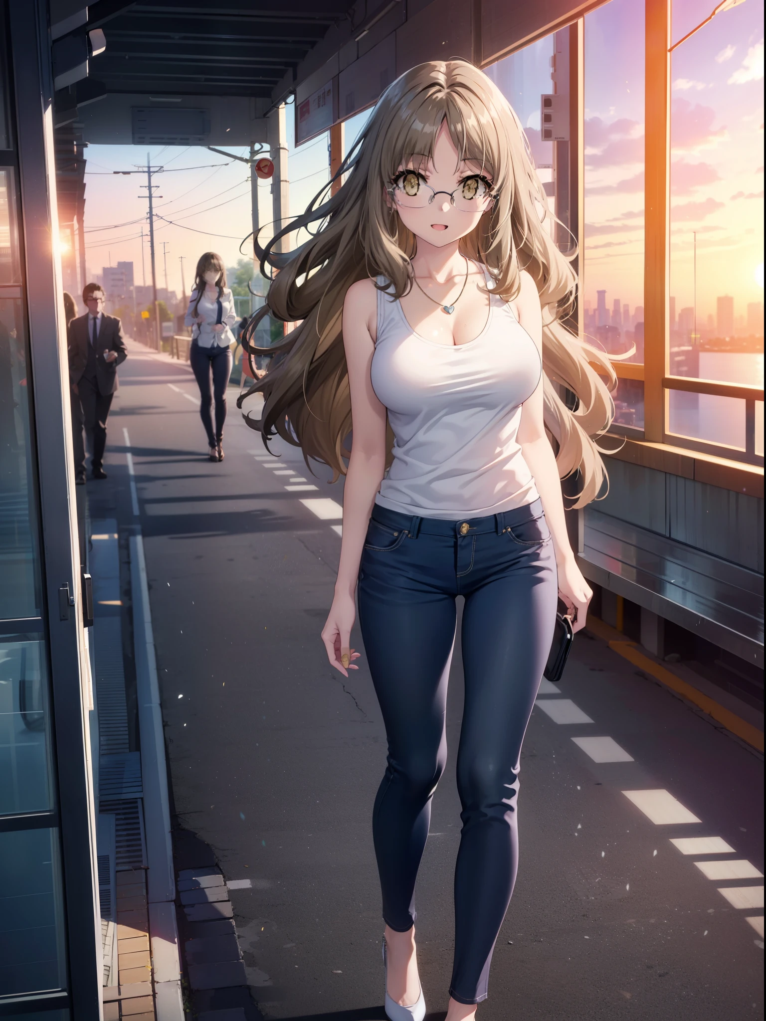 Riofutaba, Rio Futaba, Long Hair, Brown Hair, (Brown eyes:1.5), Glasses,Big Breasts,smile,Open your mouth,Red Tank Top,Heart Necklace,skinny pants,Stiletto heels,Business Back,Walking,morning,morning陽,The sun is rising,whole bodyがイラストに入るように,
break outdoors, Building district,
break looking at viewer, whole body,
break (masterpiece:1.2), Highest quality, High resolution, unity 8k wallpaper, (figure:0.8), (Beautiful attention to detail:1.6), Highly detailed face, Perfect lighting, Highly detailed CG, (Perfect hands, Perfect Anatomy),