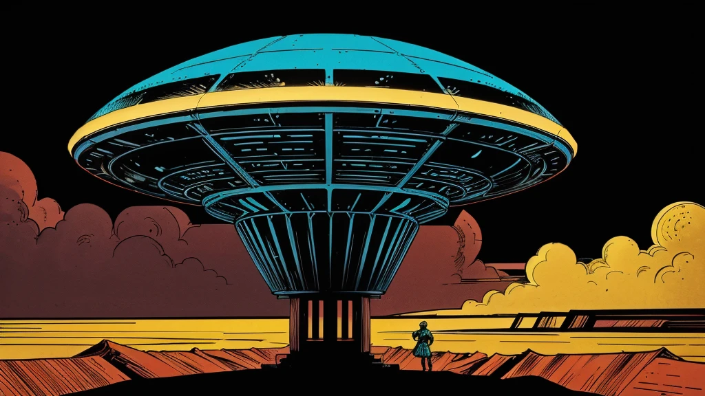 Use this prompt to create an image in the style of 1950s-70s comic book art. Use bold outlines, halftone patterns, and exaggerated perspective. Employ intense, saturated colors reminiscent of vintage four-color printing. Maintain a psychedelic, otherworldly atmosphere with swirling, colorful skies and strange celestial bodies. Emphasize the contrast between light and shadow to create a dramatic, pulp sci-fi feel. Create an image of: a UFO landing