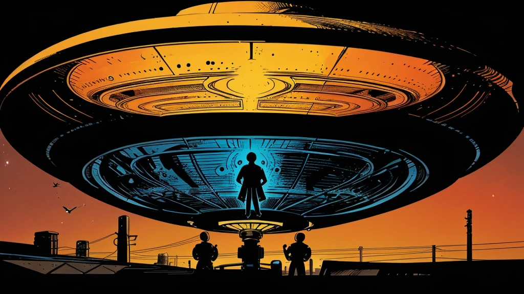 Use this prompt to create an image in the style of 1950s-70s comic book art. Use bold outlines, halftone patterns, and exaggerated perspective. Employ intense, saturated colors reminiscent of vintage four-color printing. Maintain a psychedelic, otherworldly atmosphere with swirling, colorful skies and strange celestial bodies. Emphasize the contrast between light and shadow to create a dramatic, pulp sci-fi feel. Create an image of: a UFO landing