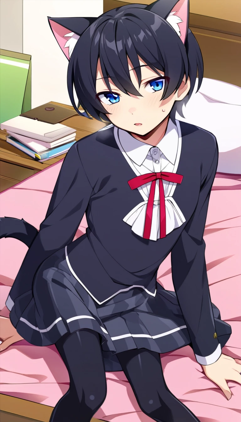 one boy, long sleeve, naive, cat ears, thirteen years old, short hair, light blue eyes, black hair, on bed, pure, pure, cross dressing, shota, androgynous