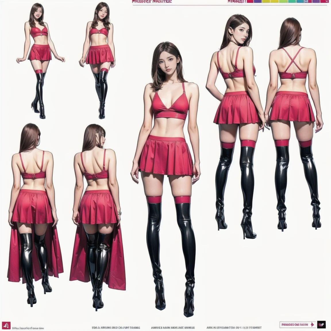 ((masterpiece)),(((Highest quality))),((Character design sheet)),Thin thighs,Long legs,student:1.5,The best smile:1.5,Full Body Shot:1.5,Blue sky and buildings:0.5,Wearing black thigh-high boots:1.5,NSFW:1.5,Sexy red mini skirt:1.5, Red bikini top:1.5