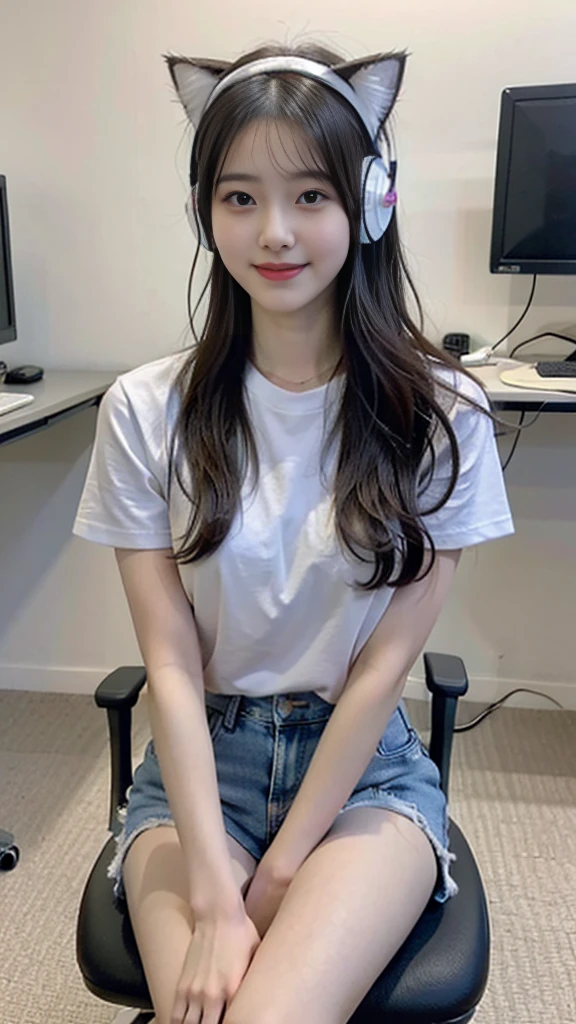 hyper hard disk, masutepiece, High quality, high details, Best Quality, hight resolution, hard disk, 32K, 16 K, 8K, 4K, sweet girl with white skin, brealist,smile at camera,18 years old,japanese,sitting on a black and pink gaming chair, facing the gaming computer looking at the viewer, wearing a pastel blue t-shirt and short denim shorts, left leg bent over the chair and right leg under the chair,wearing cat ear headphones