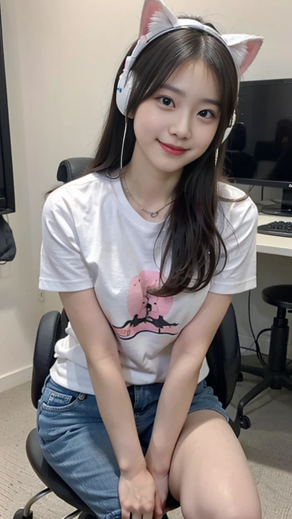 hyper hard disk, masutepiece, High quality, high details, Best Quality, hight resolution, hard disk, 32K, 16 K, 8K, 4K, sweet girl with white skin, brealist,smile at camera,18 years old,japanese,sitting on a black and pink gaming chair, facing the gaming computer looking at the viewer, wearing a pastel blue t-shirt and short denim shorts, left leg bent over the chair and right leg under the chair,wearing cat ear headphones