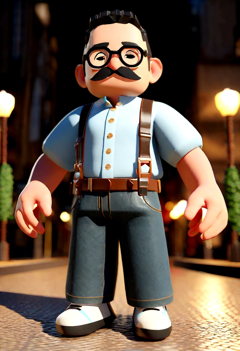 cartoon man with mustache and glasses in front of a lamppost, Stylized 3D rendering, stylized character, Stylized 3D rendering, 3d stylized, character up close, stylized as a 3D rendering, animation style rendering, complete cinematic character, animation character, 3d character, 3d character, small character. unreal motor 5