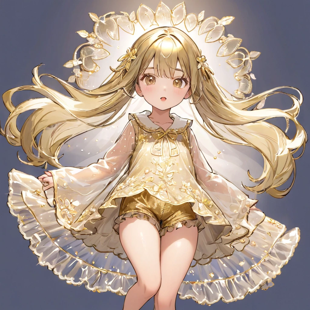 8-year-old girl, 1people、Pajamas、Gold and silver thread embroidery、Wearing semi-transparent bloomers that reach down to the knees、Translucent slip
